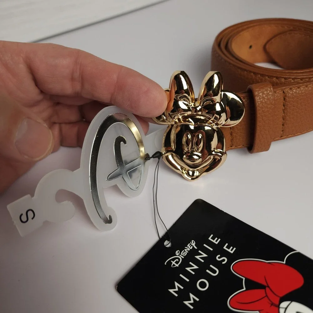 Disney Minnie Mouse Girls Brown Faux Leather Belt‎ Gold Minnie Buckle Size Small